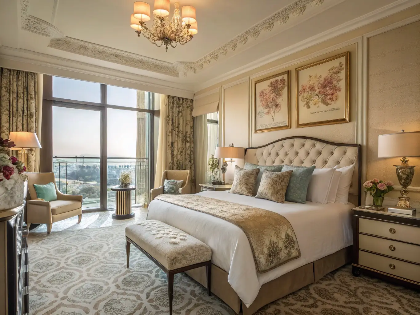 A photograph showcasing a Deluxe room at Hotel Varsovia Stay. The room features elegant decor, a comfortable king-size bed with premium linens, and stylish furniture. The image should highlight the room's luxurious and inviting atmosphere, with soft lighting and tasteful artwork on the walls.