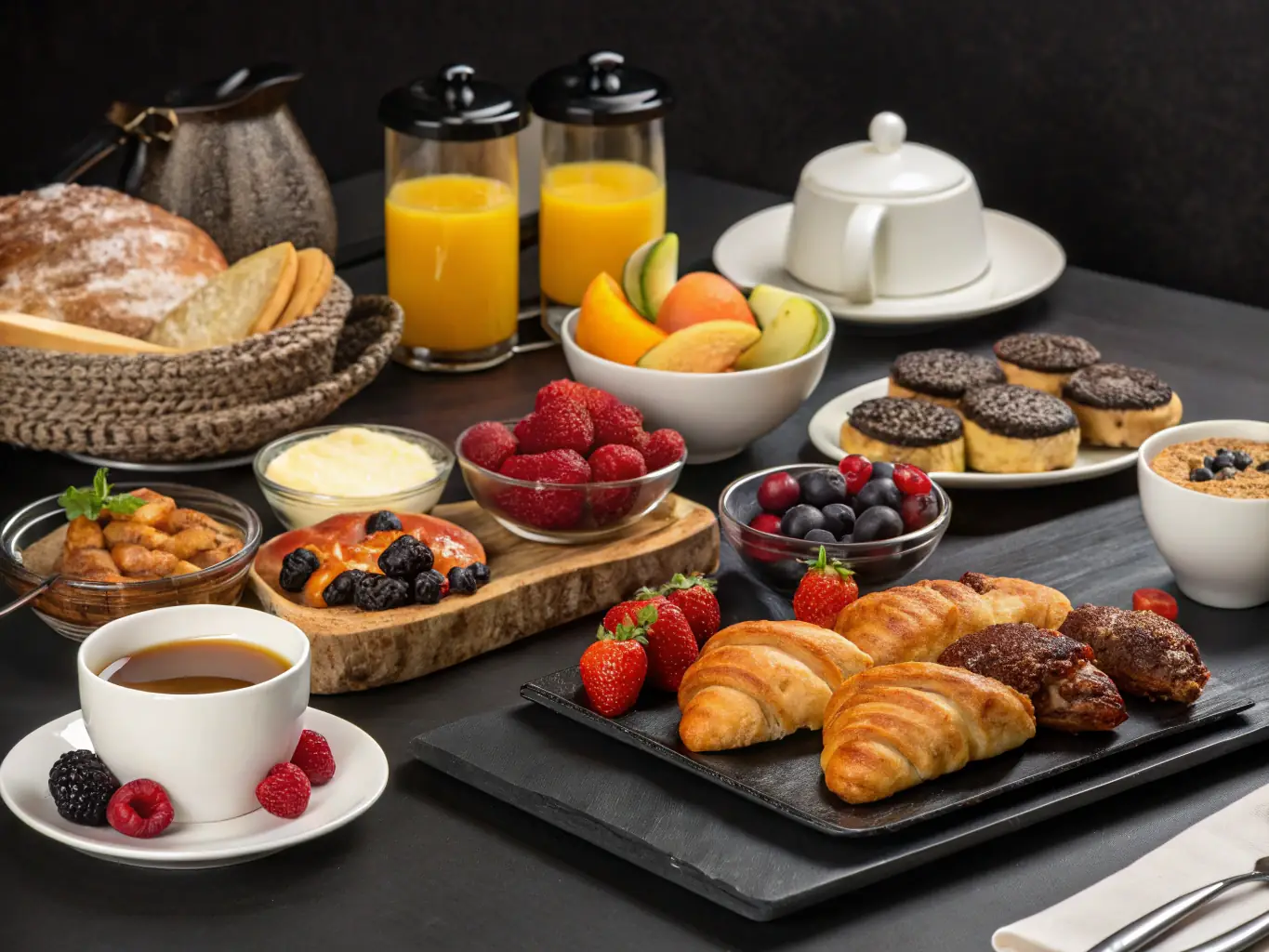A photograph showcasing a breakfast spread at Hotel Varsovia Stay. The image should feature a variety of fresh and delicious breakfast items, such as pastries, fruits, cereals, and hot dishes. The setting should be elegant and inviting, with a focus on the quality and presentation of the food.