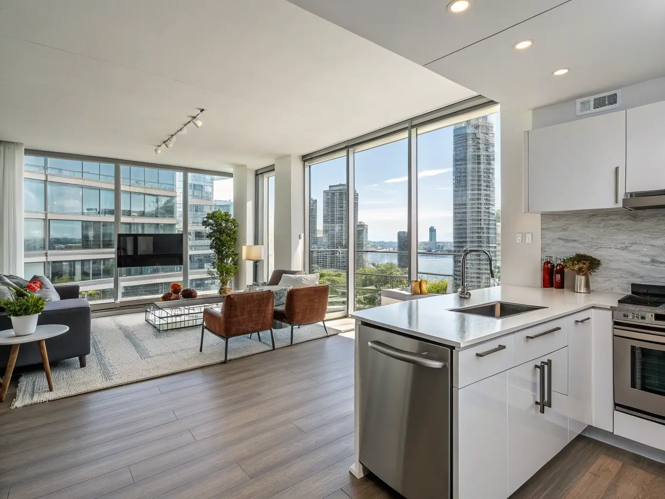A photograph showcasing a luxurious apartment at Hotel Varsovia Stay. The apartment features a separate living area, a fully equipped kitchenette, and a modern bathroom. The image should highlight the apartment's spaciousness and functionality, with stylish furniture and contemporary design elements.